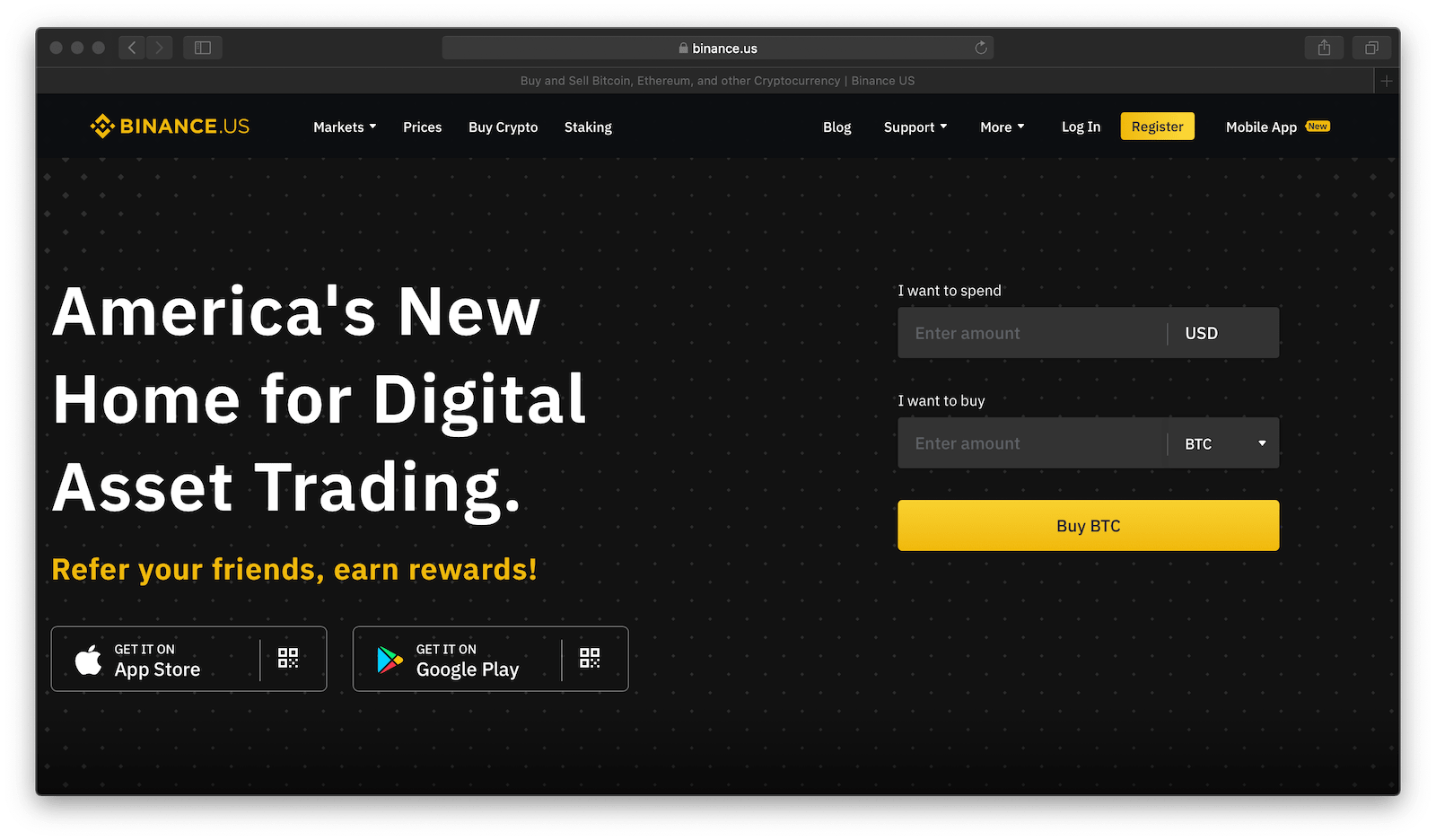 Screenshot of Binance US’ website