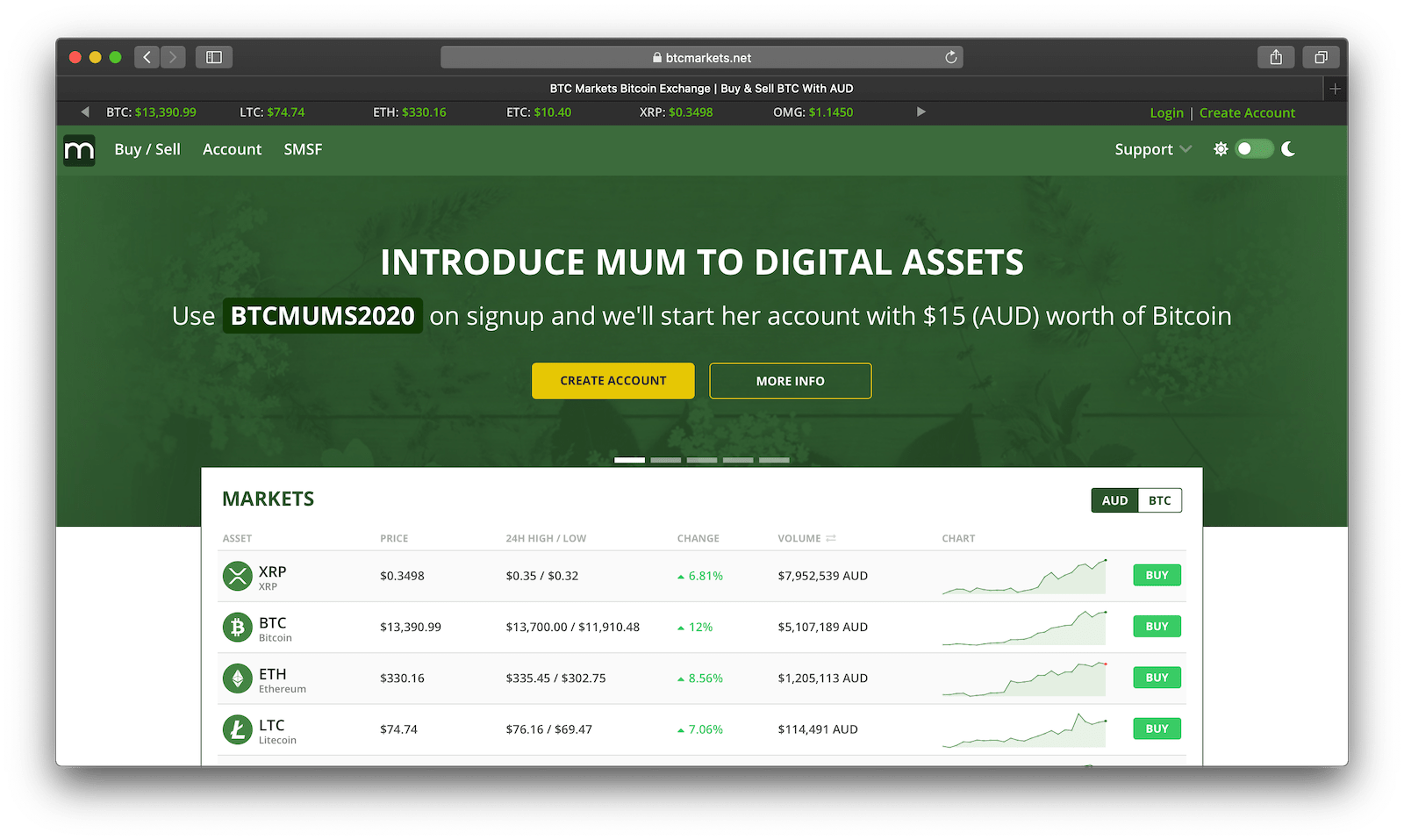 Screenshot of BTC Markets's website